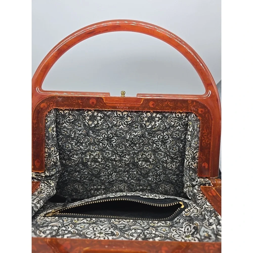 Vintage 50's Unique LUCITE PURSE Handbag AMBER US Pat. Black‎ Flowers